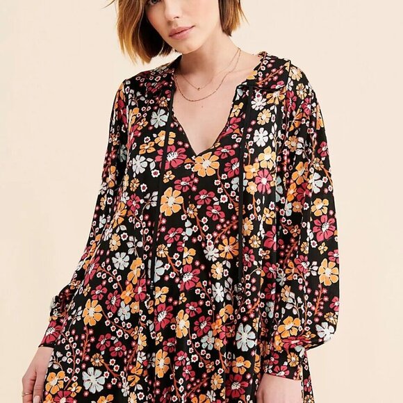Free People Daisy Jane Mini Dress Tunic Top Black Floral Combo XS Oversized - Picture 3 of 8